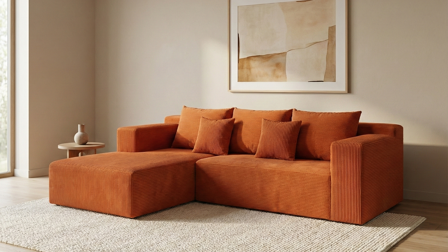 Orange sectional sofa in a living room with abstract art on the wall.