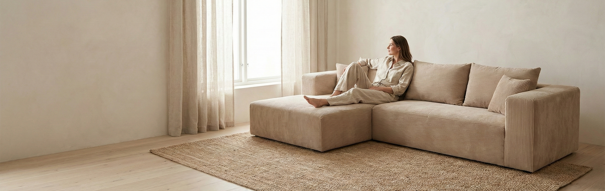 Woman sitting on a beige sectional sofa in a bright living room with large windows.