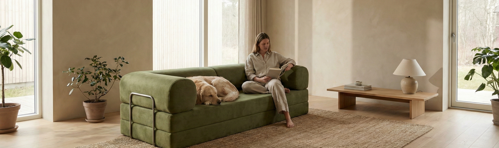 Woman sitting on a green sofa with a dog in a bright living room.