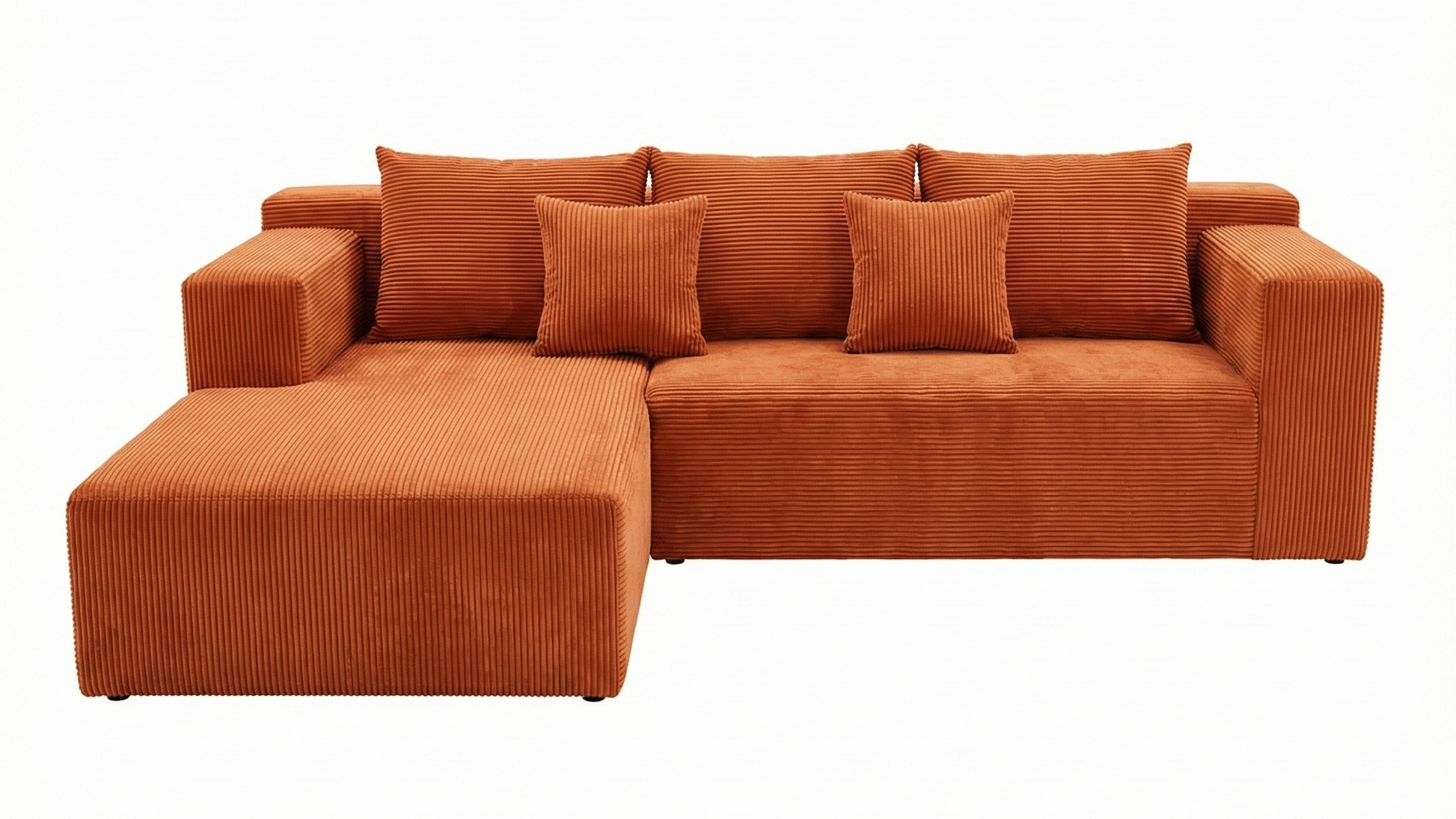 Orange sectional sofa with cushions on a white background
