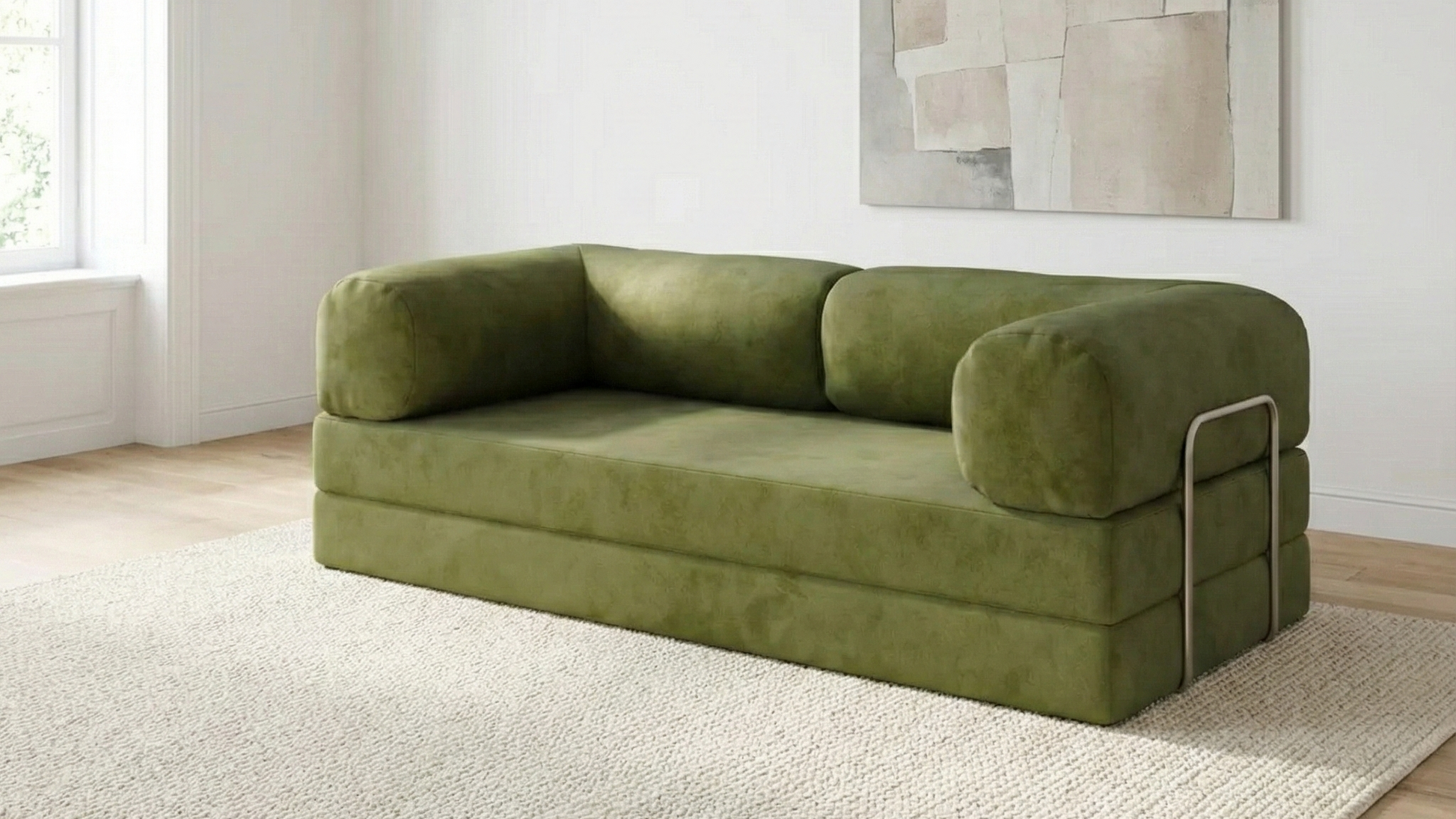 Green sofa in a room with a abstract painting on the wall